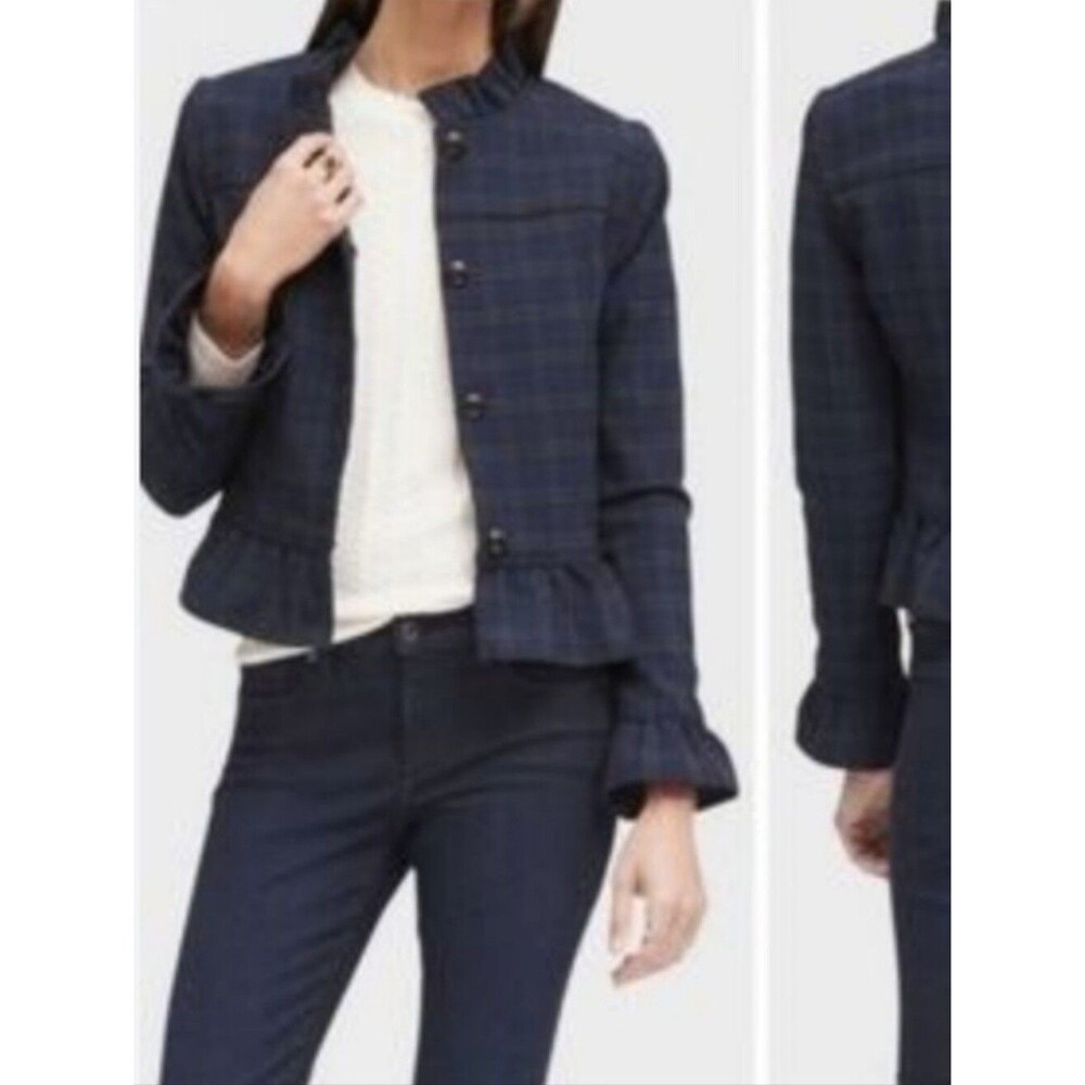 Banana Republic Tartan Plaid Green & Black Cropped Ruffled Jacket, 4